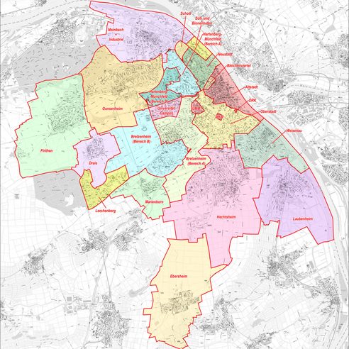 Stadtkarte von Mainz mit farblich markierten Stadtteilen