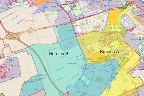 Karte von Bretzenheim mit zwei farblich hinterlegten Bereichen a und b