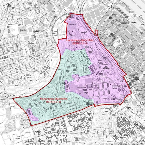 Karte von Hartenberg Münchfeld mit zwei farblich hinterlegten Bereichen a und b