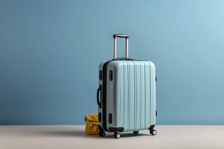 A packed suitcase and a handbag in front of a blue wall in an empty room.