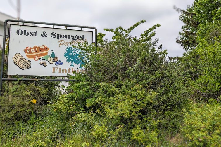 Schild "Obst und Spargel Paradies Finthen" im Grünen