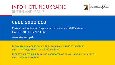 Info-Hotline Ukraine Rheinland-Pfalz: Kostenfreien Rufnummer 0800 9900 660
